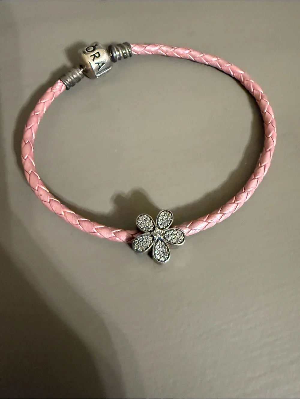 PANDORA Dazzling Daisy Charm 791480CZ Pink Leather Bracelet Set NWOT